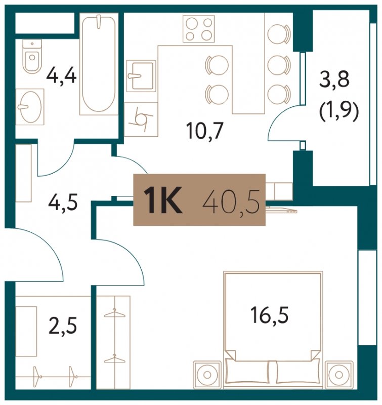 1-комнатная квартира 40.5 м2, 9 этаж, сдача 4 квартал 2022 г., ЖК Настоящее, корпус 2 - объявление 1904535 - фото №1