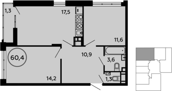 2-комнатная квартира без отделки, 60.5 м2, 13 этаж, дом сдан, ЖК Скандинавия, корпус 2.14.1 - объявление 1993923 - фото №1