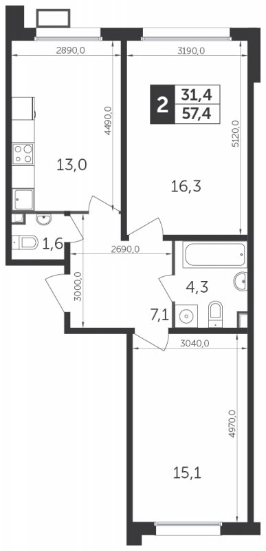 2-комнатная квартира с полной отделкой, 57.4 м2, 6 этаж, сдача 1 квартал 2022 г., ЖК Датский квартал, корпус 1 - объявление 1329247 - фото №1