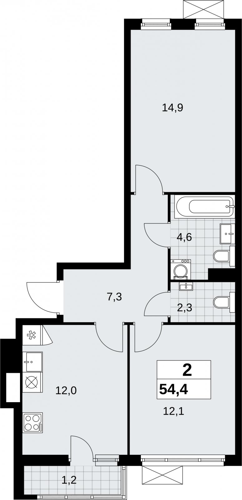 2-комнатная квартира без отделки, 54.4 м2, 6 этаж, сдача 2 квартал 2026 г., ЖК Дзен-кварталы, корпус 6.1.1 - объявление 2327005 - фото №1