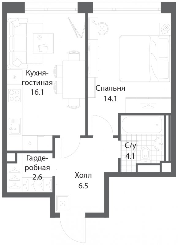 1-комнатная квартира без отделки, 43.4 м2, 25 этаж, сдача 3 квартал 2025 г., ЖК Nagatino i-Land, корпус 2 (3 очередь) - объявление 1826191 - фото №1