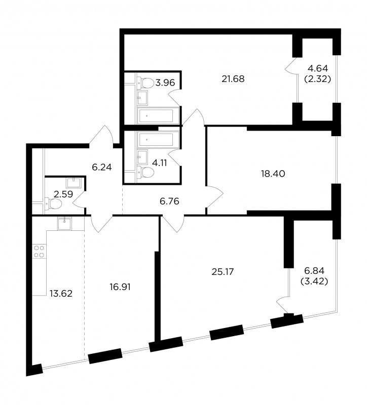 4-комнатная квартира без отделки, 125.18 м2, 27 этаж, сдача 3 квартал 2022 г., ЖК КутузовGRAD 2, корпус 4 - объявление 1801967 - фото №1