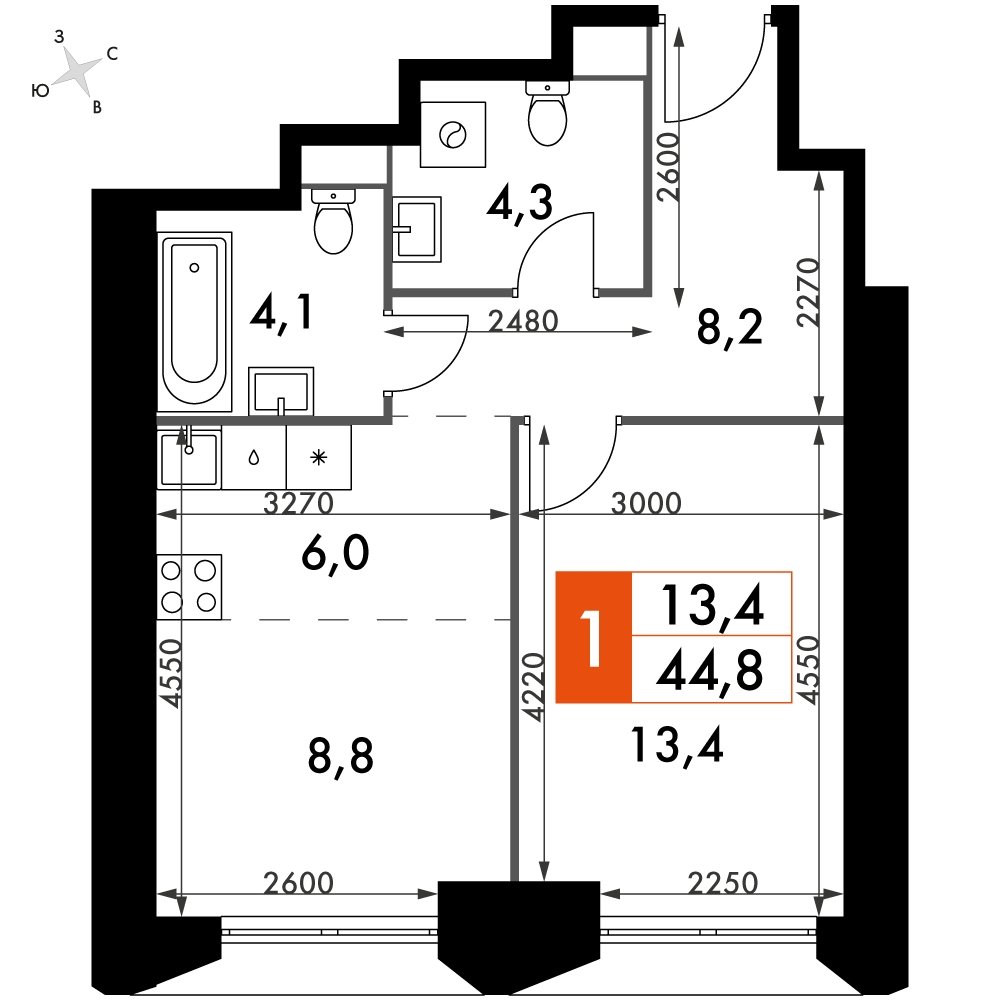 1-комнатная квартира с частичной отделкой, 44.8 м2, 26 этаж, сдача 4 квартал 2023 г., ЖК Архитектор, корпус 3 - объявление 2207410 - фото №1