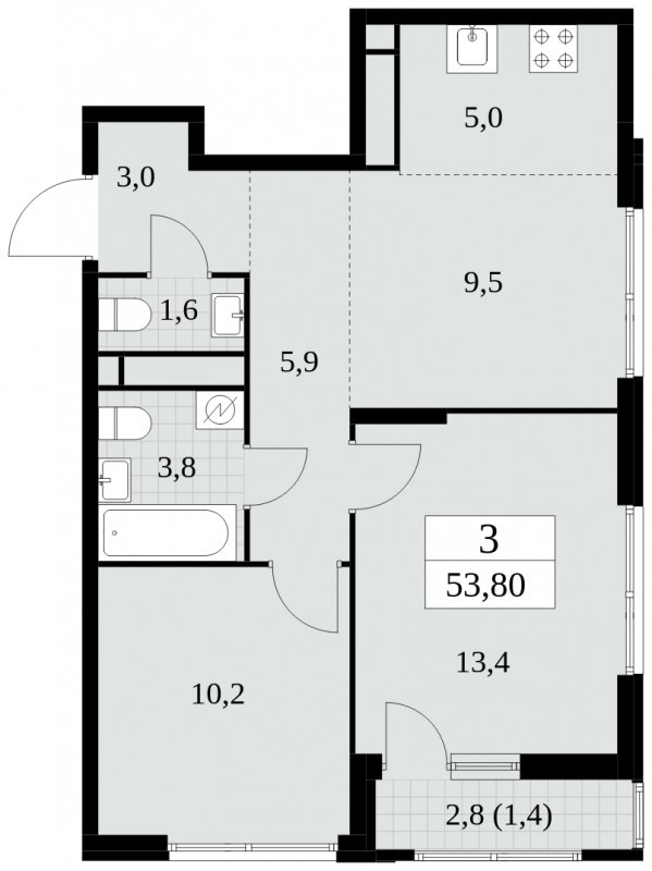 3-комнатная квартира (евро) без отделки, 53.8 м2, 16 этаж, сдача 2 квартал 2025 г., ЖК Южные сады, корпус 2.4 - объявление 1760259 - фото №1