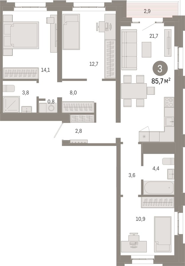 3-комнатная квартира 85.7 м2, 6 этаж, сдача 3 квартал 2026 г., ЖК Квартал Метроном, корпус 1 - объявление 2330864 - фото №1