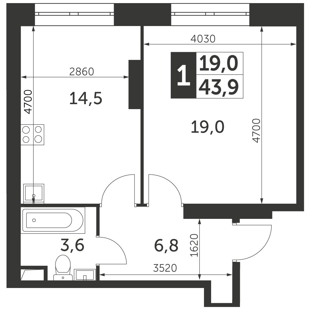 1-комнатная квартира с частичной отделкой, 43.9 м2, 27 этаж, сдача 4 квартал 2023 г., ЖК Архитектор, корпус 3 - объявление 2207436 - фото №1
