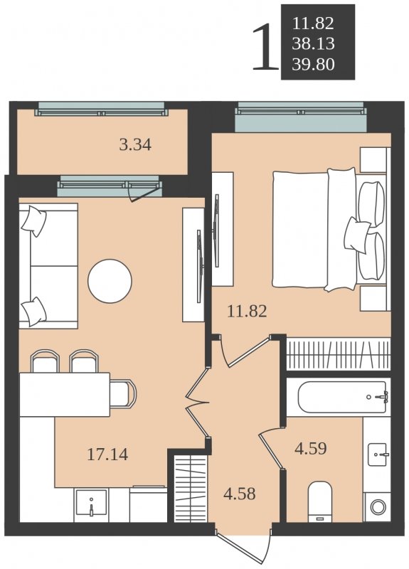 1-комнатная квартира без отделки, 39.8 м2, 1 этаж, сдача 1 квартал 2024 г., ЖК Мишино-2, корпус 8 - объявление 1761354 - фото №1