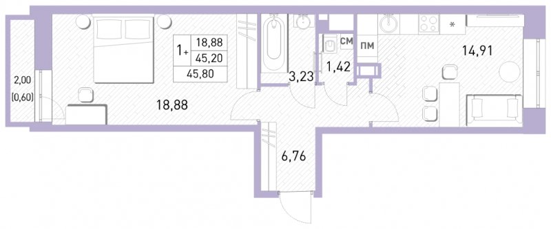 2-комнатная квартира (евро) с полной отделкой, 45.8 м2, 10 этаж, сдача 2 квартал 2023 г., ЖК Столичный, корпус 24 - объявление 1651286 - фото №1