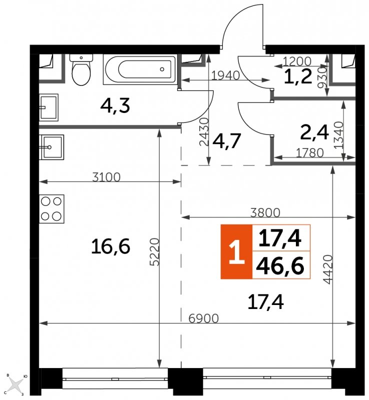 1-комнатная квартира с частичной отделкой, 46.6 м2, 30 этаж, сдача 1 квартал 2023 г., ЖК Sydney City, корпус 3 - объявление 1612525 - фото №1