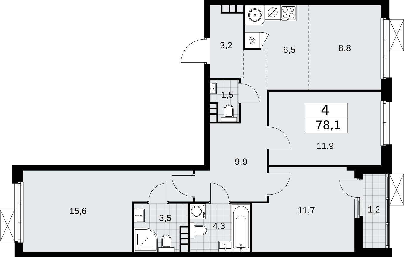 4-комнатная квартира (евро) без отделки, 78.1 м2, 7 этаж, сдача 2 квартал 2026 г., ЖК Бунинские кварталы, корпус 5.4 - объявление 2297802 - фото №1
