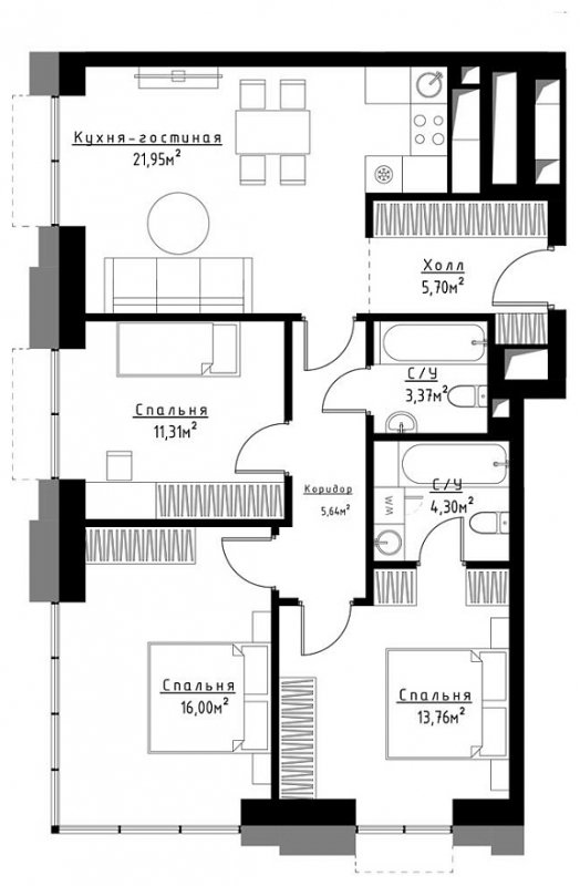 3-комнатная квартира с частичной отделкой, 81.77 м2, 15 этаж, сдача 3 квартал 2023 г., ЖК Метрополия, корпус Venice - объявление 1786144 - фото №1