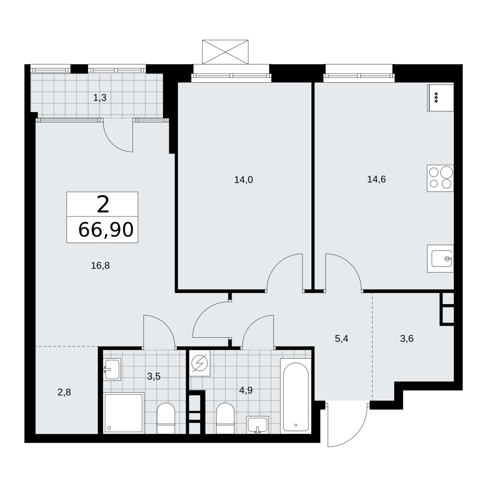 2-комнатная квартира с частичной отделкой, 66.9 м2, 6 этаж, сдача 1 квартал 2026 г., ЖК Дом на Зорге, корпус 25 - объявление 2221182 - фото №1