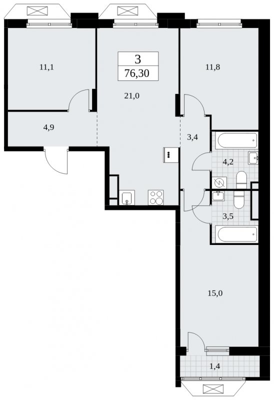 3-комнатная квартира с частичной отделкой, 76.3 м2, 10 этаж, сдача 4 квартал 2024 г., ЖК Бунинские кварталы, корпус 1.2 - объявление 1834513 - фото №1