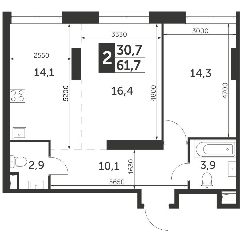 2-комнатная квартира с частичной отделкой, 61.7 м2, 3 этаж, дом сдан, ЖК Архитектор, корпус 3 - объявление 2374918 - фото №1