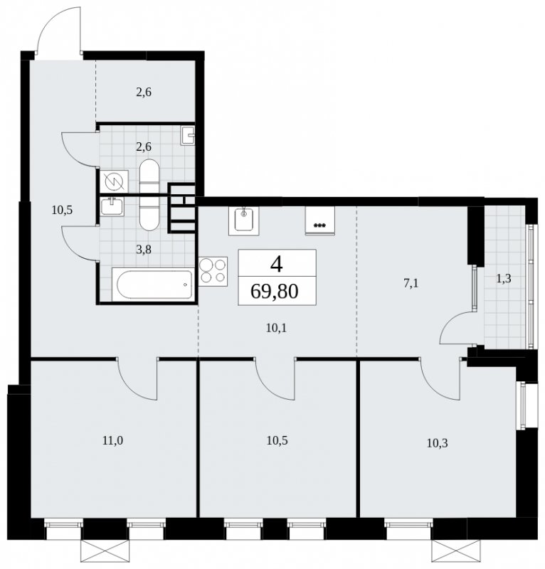 4-комнатная квартира (евро) без отделки, 69.8 м2, 3 этаж, сдача 1 квартал 2025 г., ЖК Дзен-кварталы, корпус 1.3 - объявление 1895822 - фото №1