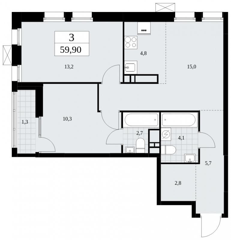 3-комнатная квартира (евро) с частичной отделкой, 59.9 м2, 14 этаж, сдача 3 квартал 2025 г., ЖК Дзен-кварталы, корпус 2.1 - объявление 1932264 - фото №1