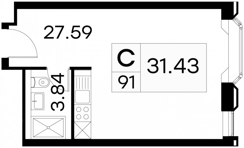 Студия с частичной отделкой, 31.43 м2, 9 этаж, сдача 3 квартал 2024 г., ЖК GloraX Aura Белорусская, корпус 1 - объявление 1708739 - фото №1