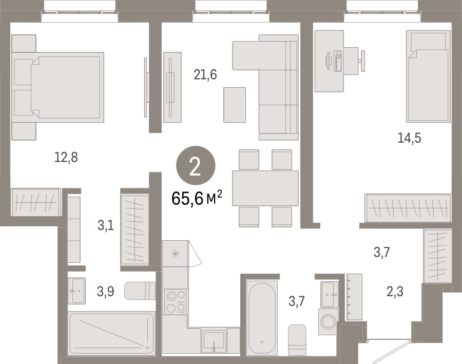 2-комнатная квартира с частичной отделкой, 65.6 м2, 8 этаж, сдача 3 квартал 2026 г., ЖК Квартал Метроном, корпус 1 - объявление 2300631 - фото №1