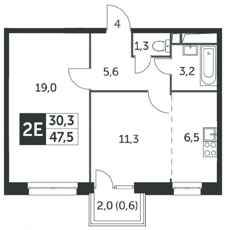 2-комнатная квартира (евро) без отделки, 47.6 м2, 16 этаж, дом сдан, ЖК Датский квартал, корпус 2 - объявление 2335378 - фото №1