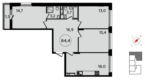 3-комнатная квартира с полной отделкой, 84.4 м2, 13 этаж, сдача 2 квартал 2022 г., ЖК Скандинавия, корпус 13.3 - объявление 1412530 - фото №1