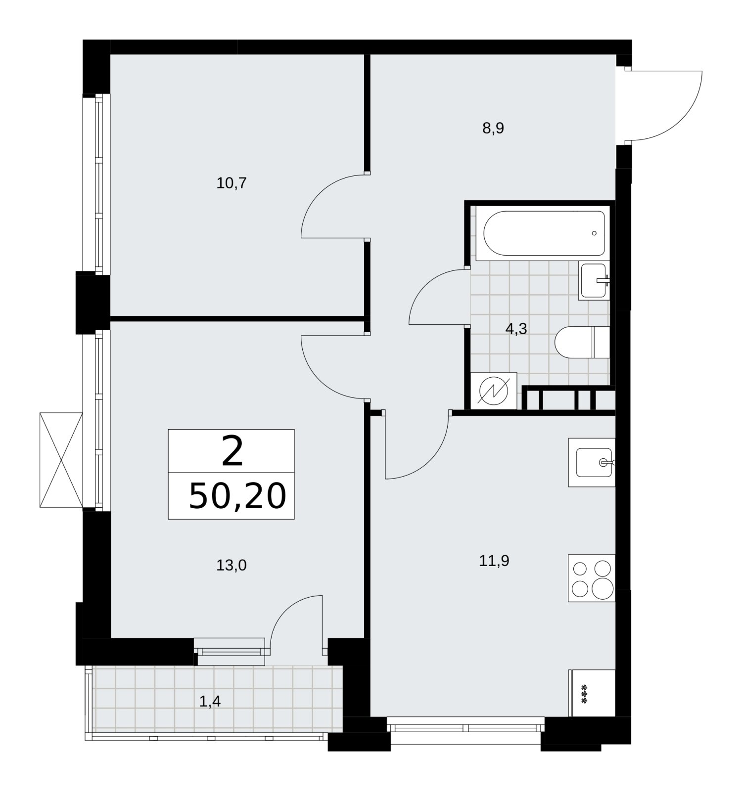 2-комнатная квартира без отделки, 50.2 м2, 4 этаж, сдача 3 квартал 2025 г., ЖК Скандинавия, корпус 28.1 - объявление 2202005 - фото №1