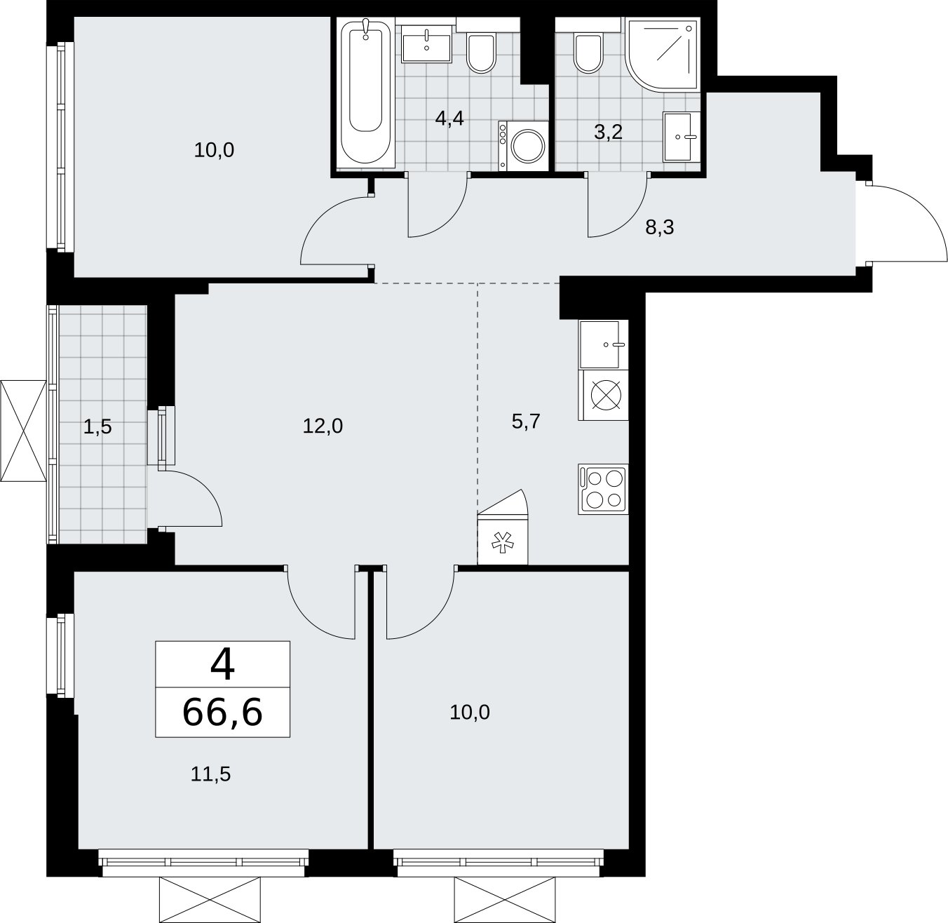 4-комнатная квартира (евро) без отделки, 66.6 м2, 14 этаж, сдача 2 квартал 2026 г., ЖК Бунинские кварталы, корпус 7.4 - объявление 2314149 - фото №1