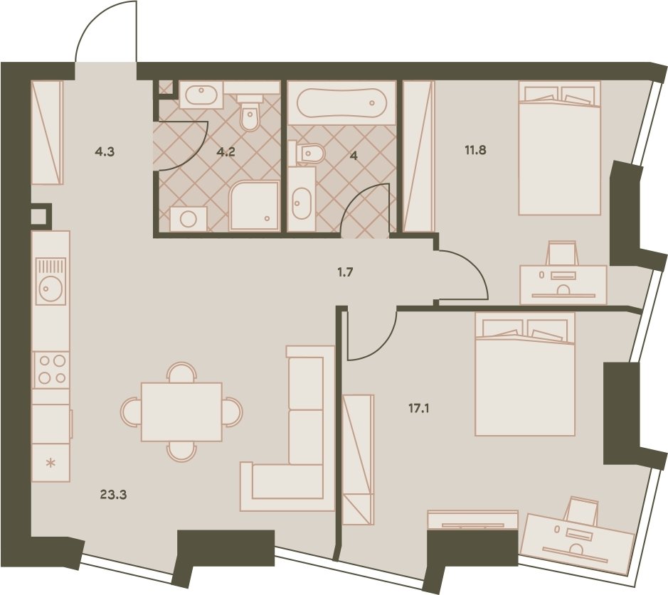 3-комнатная квартира с частичной отделкой, 66.3 м2, 11 этаж, сдача 3 квартал 2023 г., ЖК Eniteo, корпус 1 - объявление 2259008 - фото №1