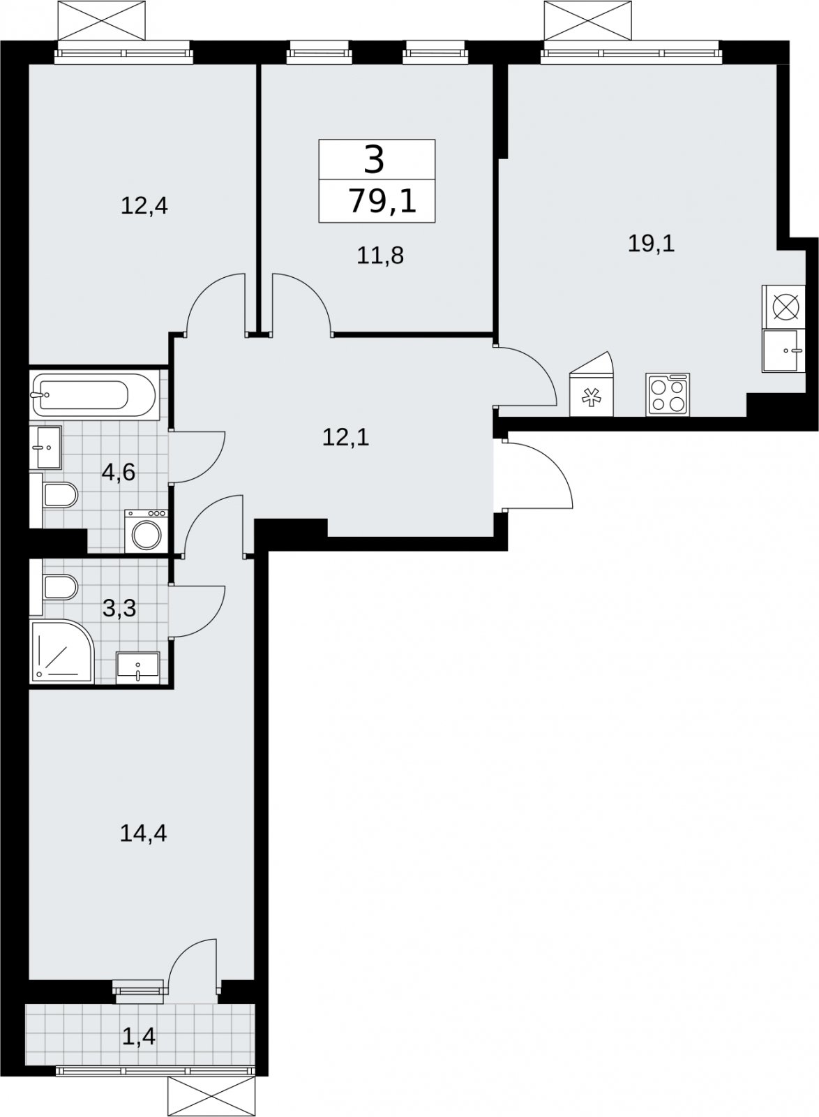 3-комнатная квартира с полной отделкой, 79.1 м2, 3 этаж, сдача 2 квартал 2026 г., ЖК Бунинские кварталы, корпус 7.1 - объявление 2319526 - фото №1