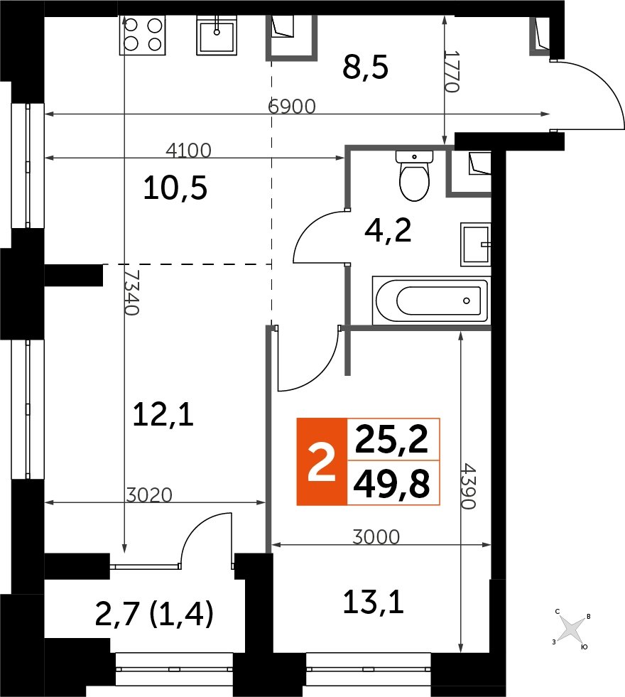 2-комнатная квартира с частичной отделкой, 49.8 м2, 6 этаж, дом сдан, ЖК Sydney City, корпус 1 - объявление 2238370 - фото №1