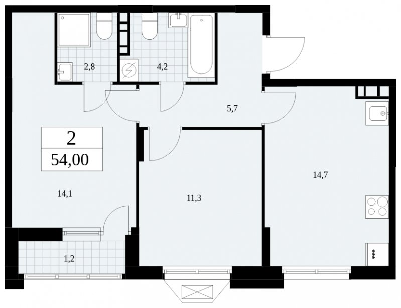 2-комнатная квартира без отделки, 54 м2, 4 этаж, сдача 4 квартал 2024 г., ЖК Бунинские кварталы, корпус 1.3 - объявление 1834846 - фото №1