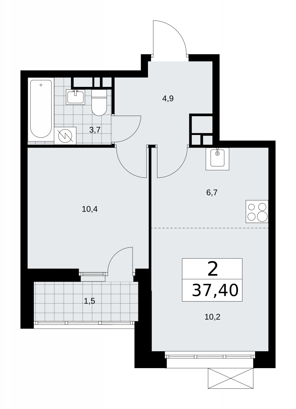 2-комнатная квартира (евро) без отделки, 37.4 м2, 12 этаж, сдача 3 квартал 2025 г., ЖК Бунинские кварталы, корпус 3.2 - объявление 2151905 - фото №1