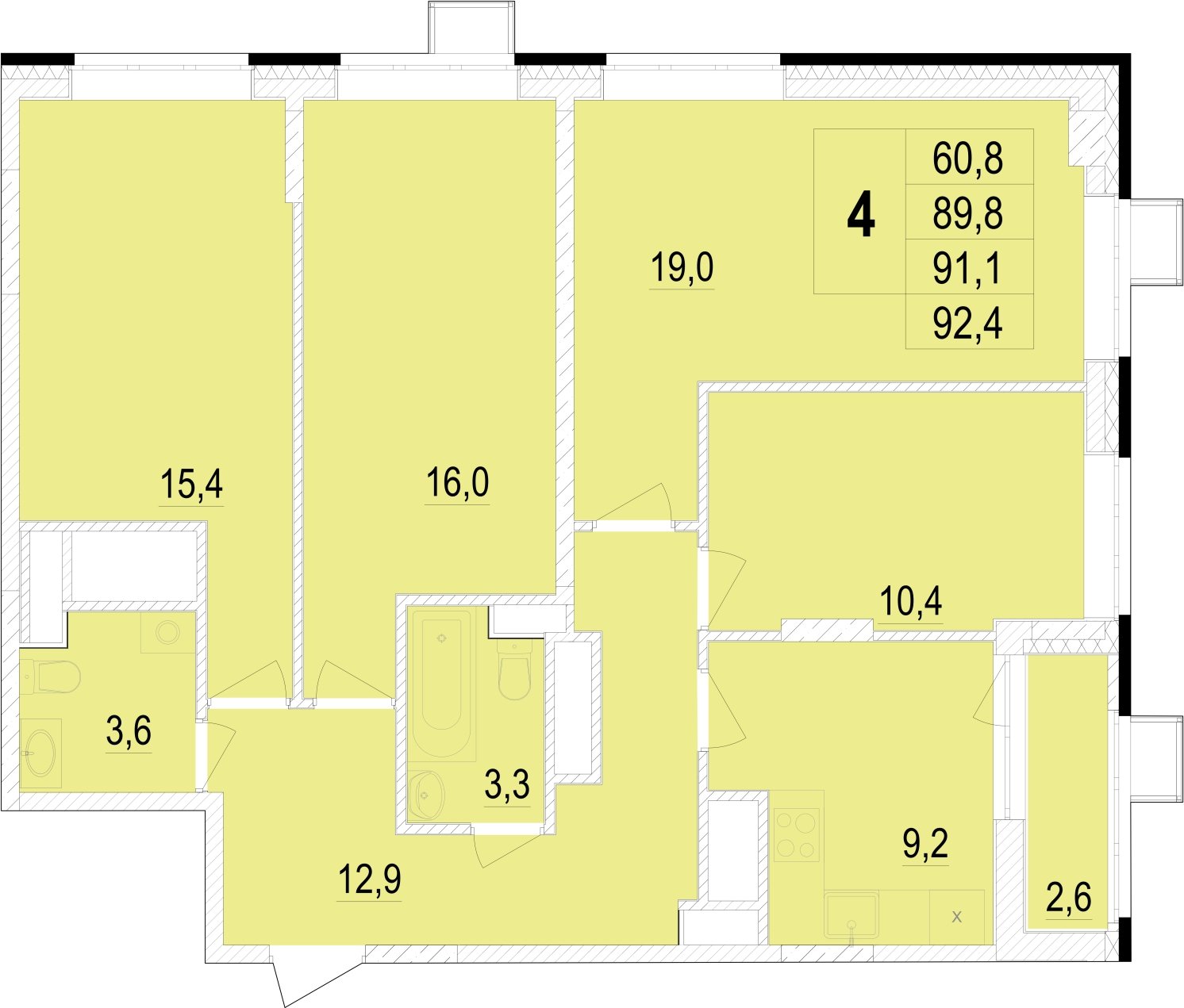 4-комнатная квартира без отделки, 91.1 м2, 24 этаж, сдача 1 квартал 2024 г., ЖК Отрадный, корпус 4 - объявление 2015035 - фото №1