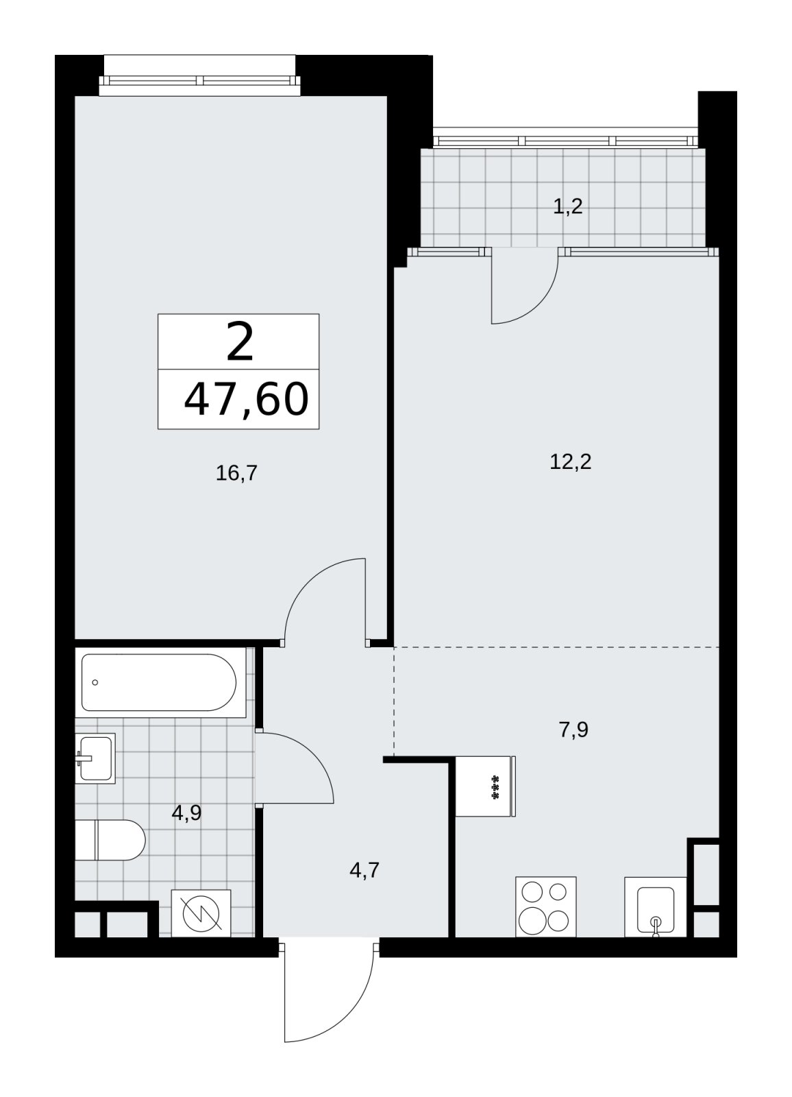 2-комнатная квартира (евро) с частичной отделкой, 47.6 м2, 15 этаж, сдача 1 квартал 2026 г., ЖК Дом на Зорге, корпус 25 - объявление 2221146 - фото №1