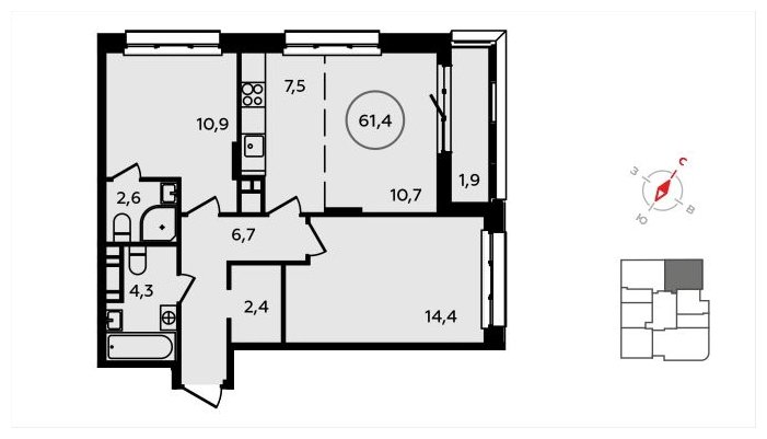 3-комнатная квартира (евро) без отделки, 61.4 м2, 13 этаж, сдача 3 квартал 2024 г., ЖК Скандинавия, корпус 2.22.1 - объявление 1625280 - фото №1