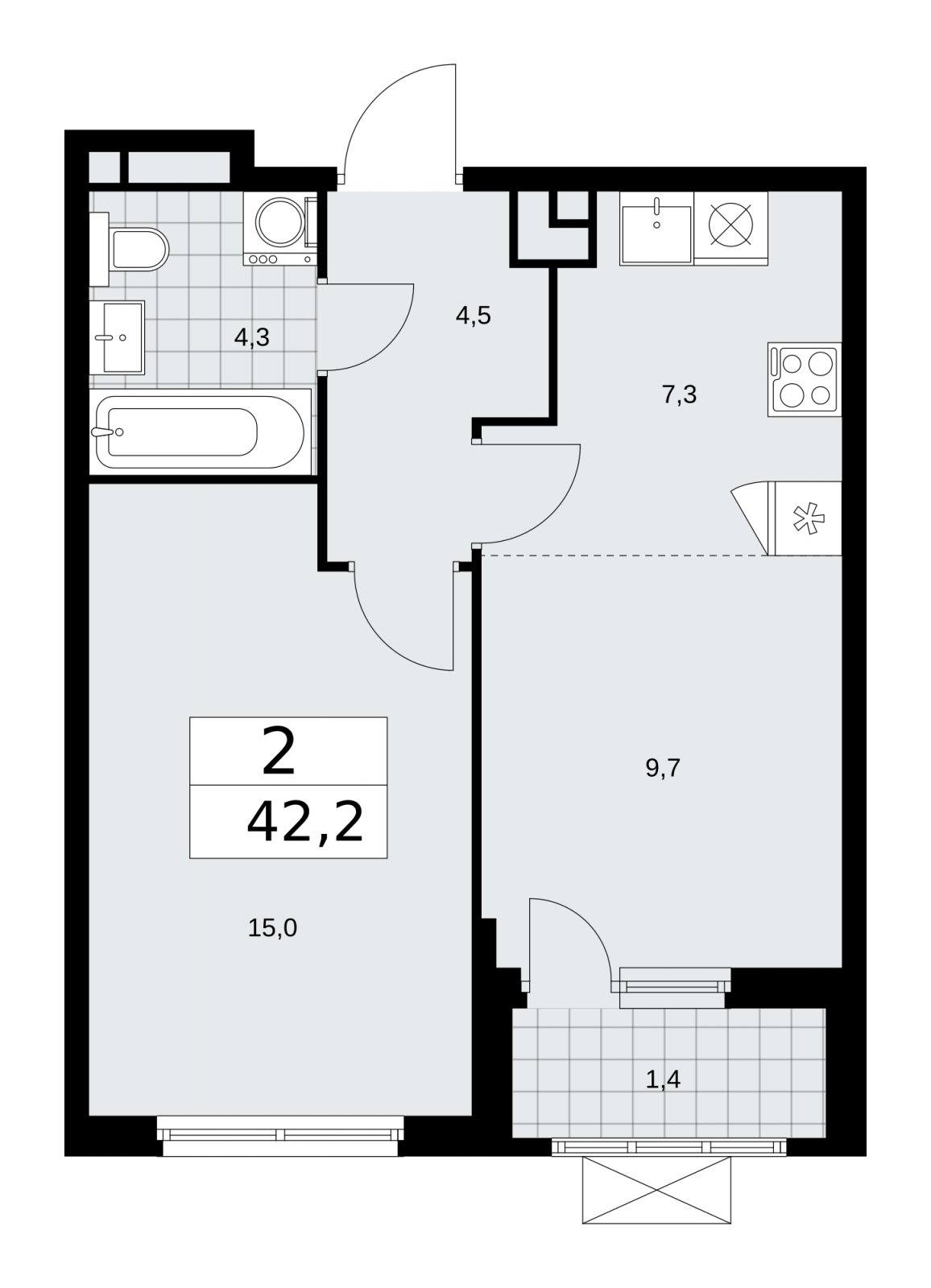 2-комнатная квартира (евро) без отделки, 42.2 м2, 6 этаж, сдача 1 квартал 2026 г., ЖК Прокшино, корпус 11.2.2 - объявление 2270081 - фото №1