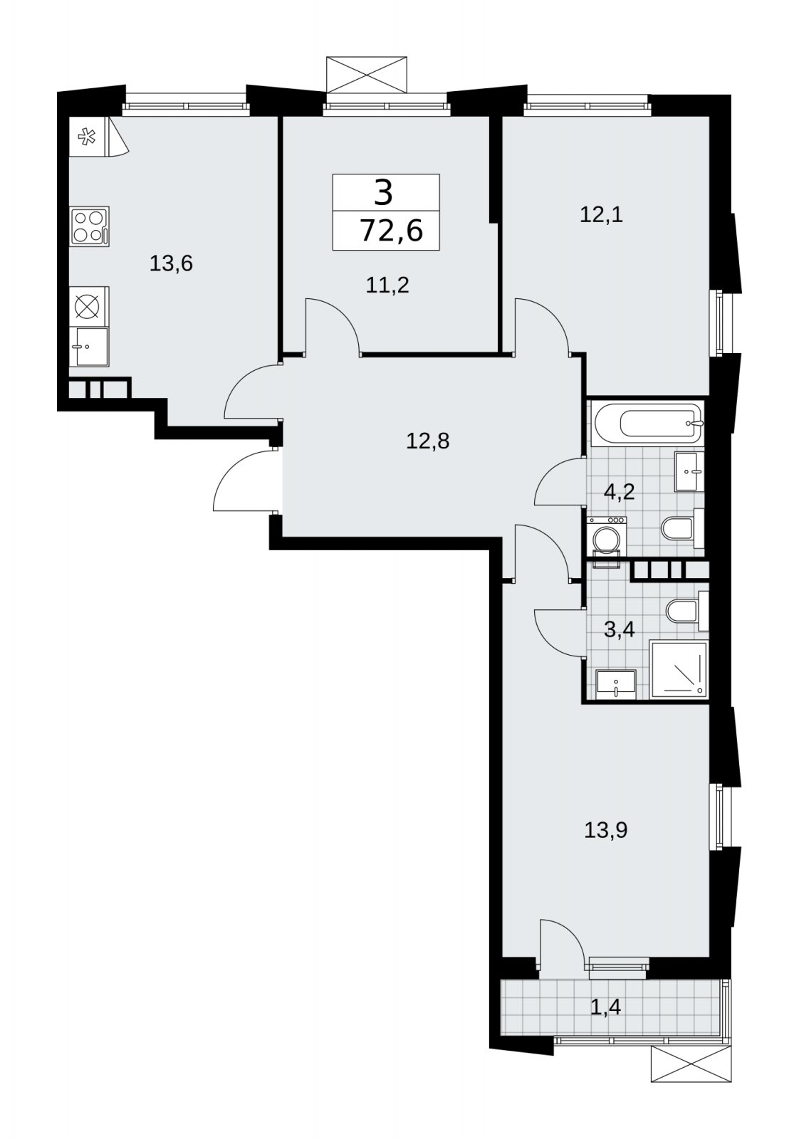3-комнатная квартира с частичной отделкой, 72.6 м2, 13 этаж, сдача 1 квартал 2026 г., ЖК Прокшино, корпус 11.1.3 - объявление 2257415 - фото №1