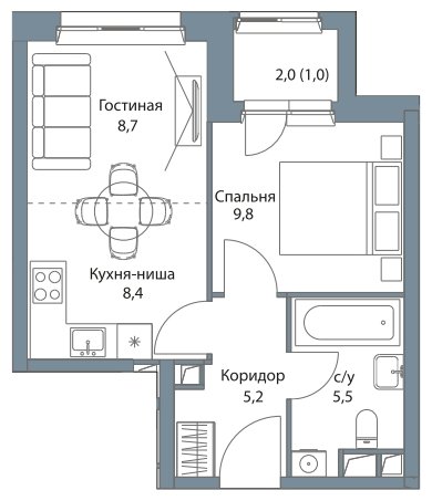 1-комнатная квартира без отделки, 38.9 м2, 7 этаж, сдача 4 квартал 2022 г., ЖК Огни, корпус 2, ЖК "Огни-2" - объявление 1950853 - фото №1