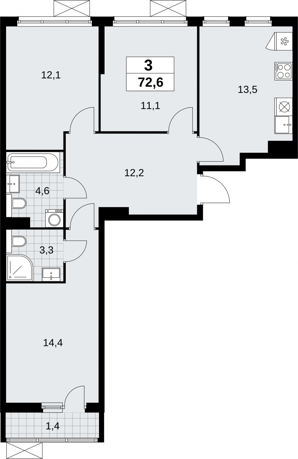 3-комнатная квартира без отделки, 72.6 м2, 5 этаж, сдача 2 квартал 2026 г., ЖК Бунинские кварталы, корпус 9.1 - объявление 2324103 - фото №1