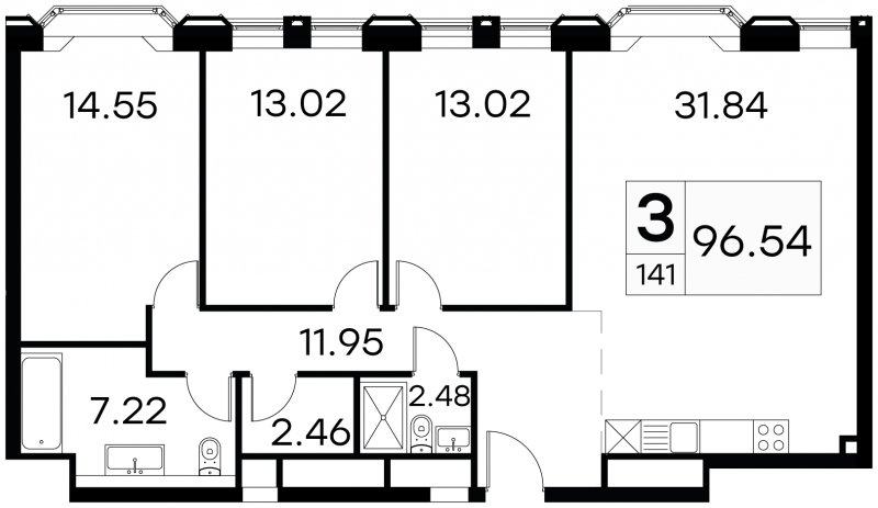 3-комнатные апартаменты с частичной отделкой, 96.54 м2, 13 этаж, сдача 3 квартал 2024 г., ЖК GloraX Aura Белорусская, корпус 1 - объявление 1708632 - фото №1