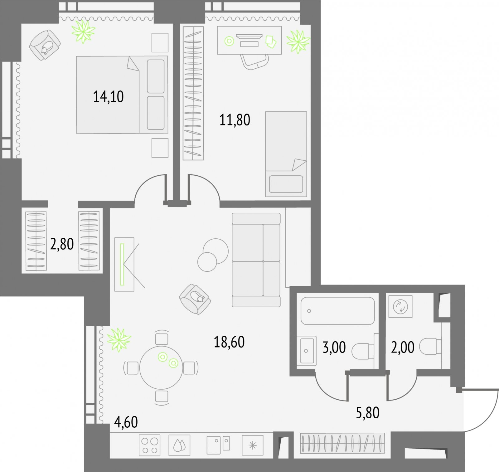 2-комнатная квартира без отделки, 62.7 м2, 45 этаж, сдача 2 квартал 2026 г., ЖК Upside Towers, корпус 1 - объявление 2275595 - фото №1