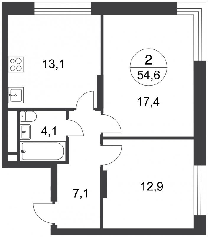 2-комнатная квартира с полной отделкой, 54.6 м2, 13 этаж, сдача 3 квартал 2025 г., ЖК город-парк Переделкино Ближнее, корпус 17-3 - объявление 2008779 - фото №1