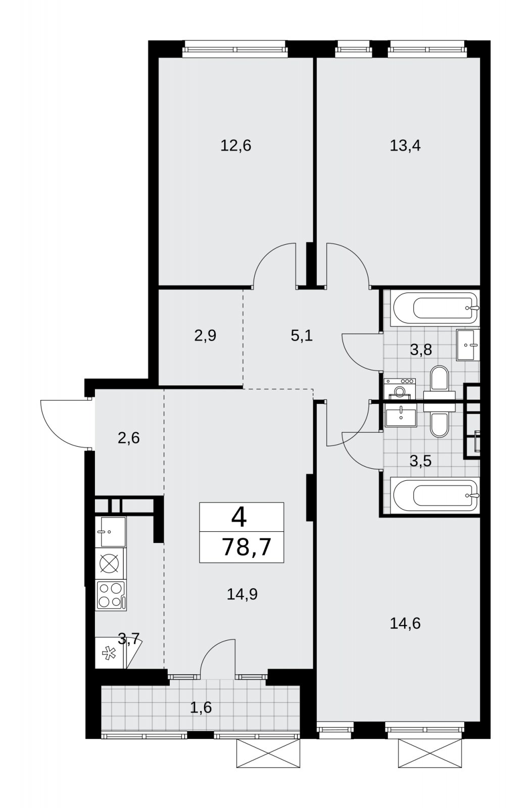 4-комнатная квартира (евро) с полной отделкой, 78.7 м2, 9 этаж, сдача 2 квартал 2026 г., ЖК Деснаречье, корпус 4.8 - объявление 2265240 - фото №1