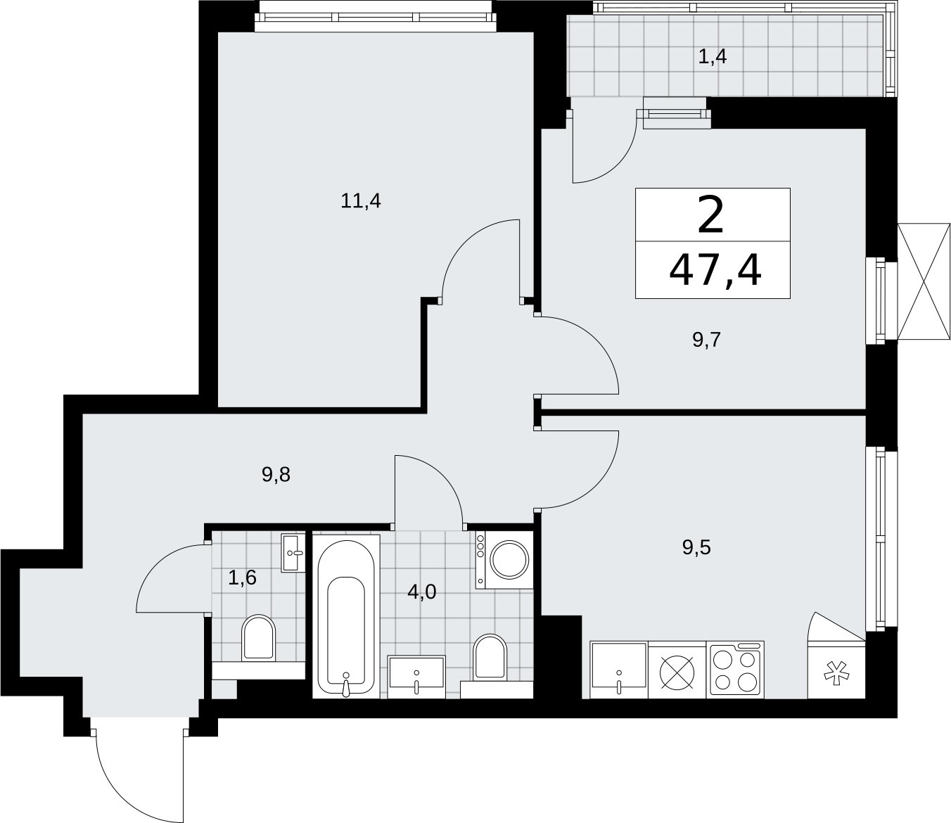 2-комнатная квартира без отделки, 47.4 м2, 6 этаж, сдача 2 квартал 2026 г., ЖК Бунинские кварталы, корпус 7.3 - объявление 2313669 - фото №1