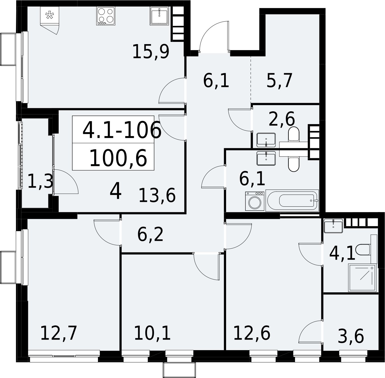4-комнатная квартира с полной отделкой, 100.6 м2, 19 этаж, сдача 2 квартал 2027 г., ЖК Южные сады, корпус 4.1.1 - объявление 2392647 - фото №1