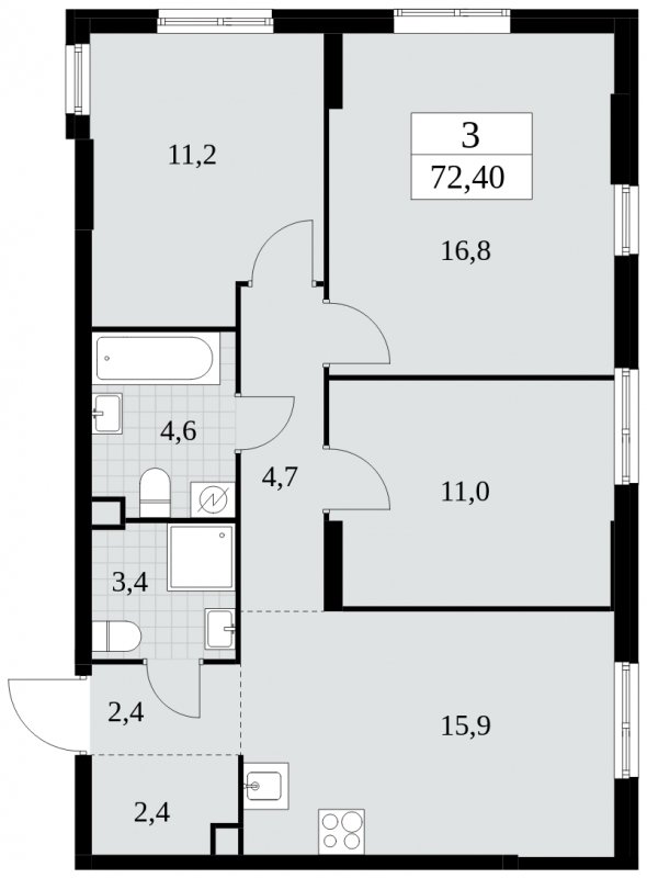 3-комнатная квартира с полной отделкой, 72.4 м2, 2 этаж, сдача 2 квартал 2025 г., ЖК Южные сады, корпус 2.2 - объявление 1757468 - фото №1