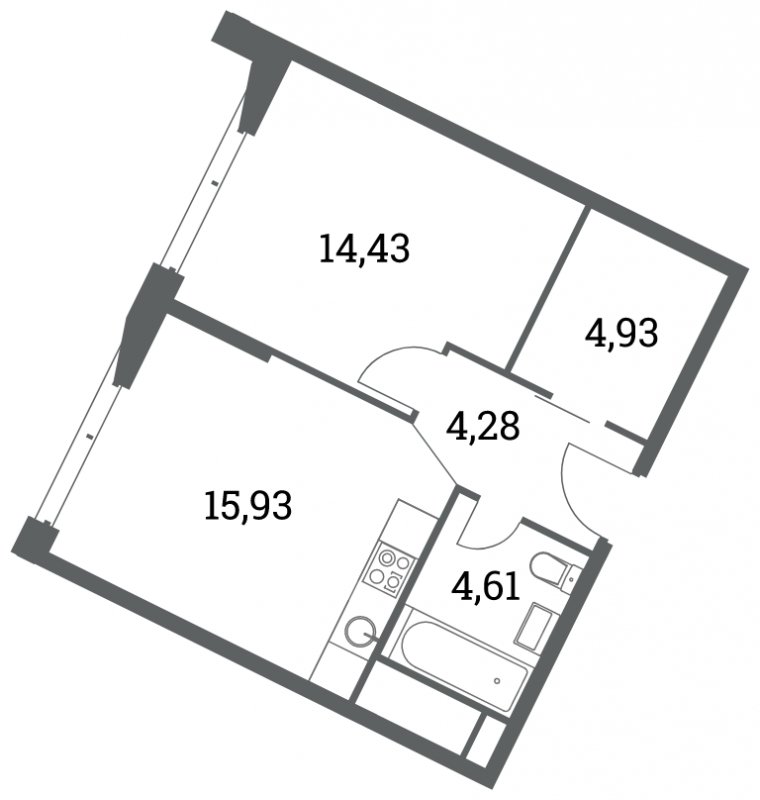 1-комнатная квартира 44.18 м2, 14 этаж, сдача 4 квартал 2022 г., ЖК Headliner, корпус 7 - объявление 1714160 - фото №1