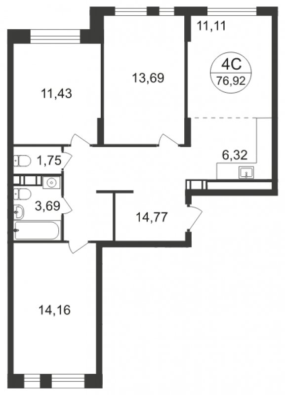 4-комнатная квартира с полной отделкой, 76.92 м2, 14 этаж, сдача 3 квартал 2023 г., ЖК Люберцы, корпус 66 - объявление 1597951 - фото №1