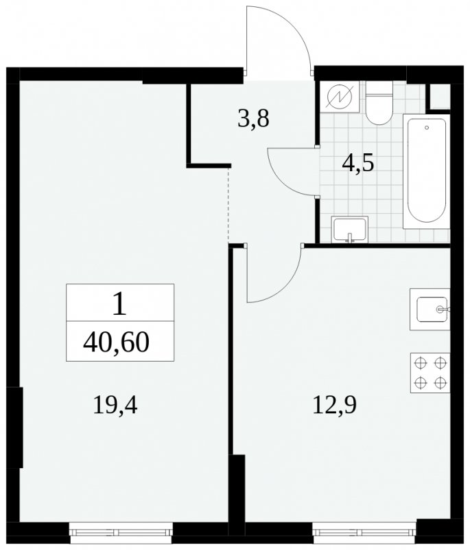 1-комнатная квартира без отделки, 40.6 м2, 2 этаж, сдача 2 квартал 2025 г., ЖК Южные сады, корпус 2.4 - объявление 1760268 - фото №1