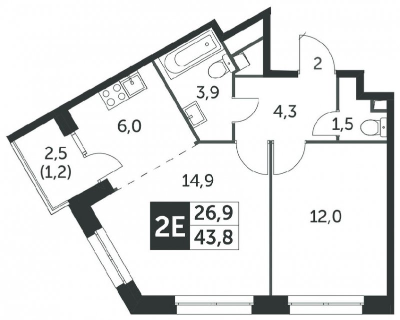 2-комнатная квартира (евро) без отделки, 43.3 м2, 2 этаж, сдача 4 квартал 2023 г., ЖК Датский квартал, корпус 2 - объявление 1568270 - фото №1