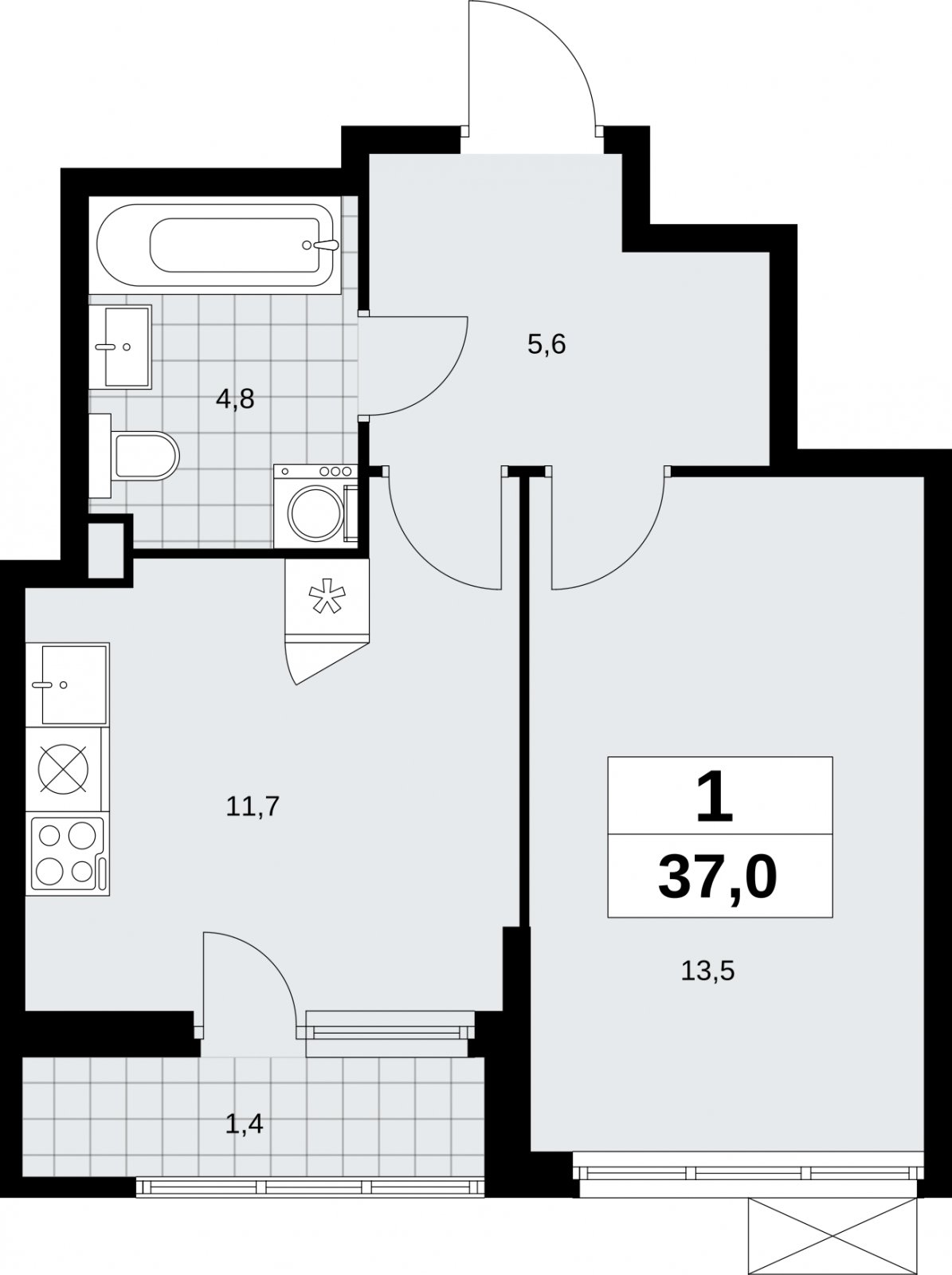 1-комнатная квартира без отделки, 37 м2, 2 этаж, сдача 1 квартал 2026 г., ЖК Дзен-кварталы, корпус 6.2.1 - объявление 2328398 - фото №1